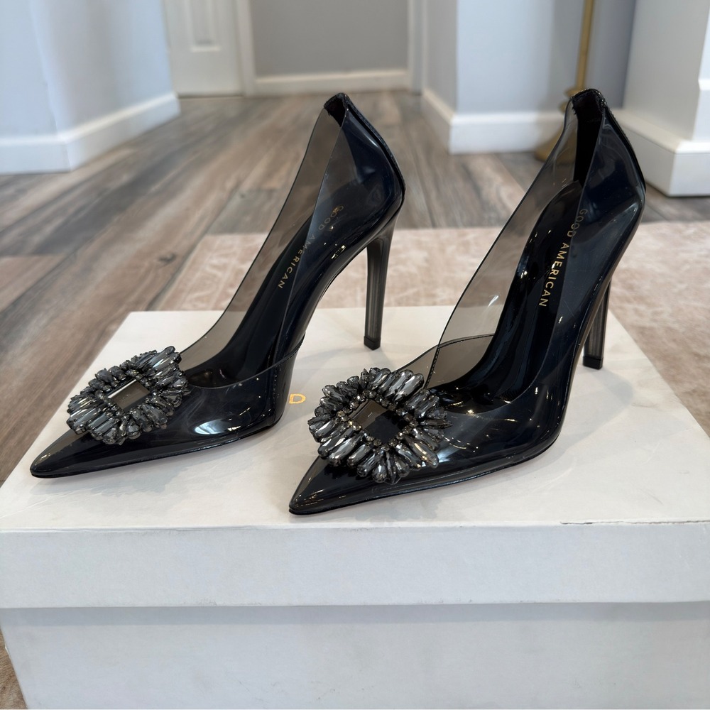 Good American Cinder-Rella Smoke Lucite Crystal Pump Heels NIB 6.5